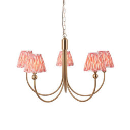 Loops Elegant Brushed Aged Brass Ceiling Pendant Light With Coral Pink Ikat Shades