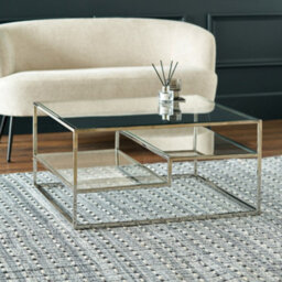 Pacific Lifestyle Clear Glass Square Coffee Table With Chrome Frame And Stepped Lower Shelf 80Cm, Aleandra - thumbnail 1