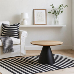 Wyld Haus Hamburg Round Oak Veneer Coffee Table With Black Steel Pillar Base - thumbnail 1