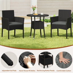 Yaheetech 3-Piece Outdoor Pe Rattan Bistro Set With Cushioned Chairs & Glass Tabletop, Black/grey - thumbnail 6