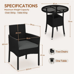 Yaheetech 3-Piece Outdoor Pe Rattan Bistro Set With Cushioned Chairs & Glass Tabletop, Black/grey - thumbnail 3