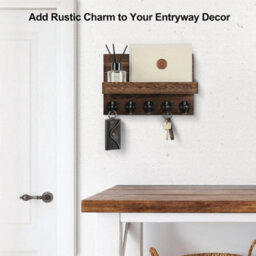 Brown Wall Mounted Key Holder Hooks Keyrings Organiser With Shelf Letter Mail Hanger - thumbnail 5