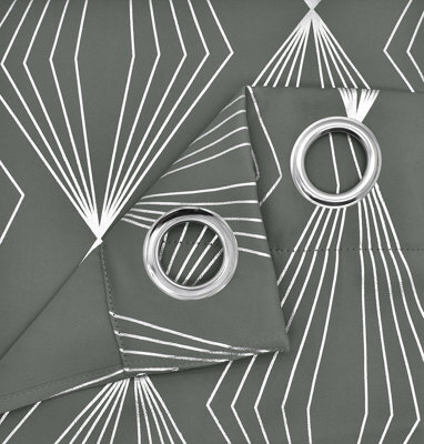 Velosso Thermal Blackout Foil Print Curtains In Variety Sizes, Ring Top Style, Durable & Lightweight For Bedroom Or Living Room - Grey