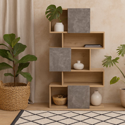 Wyld Haus Taichung Asymmetrical 5-Shelf Bookcase In Hickory Oak And Concrete Effect - image 1