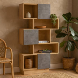 Wyld Haus Taichung Asymmetrical 5-Shelf Bookcase In Hickory Oak And Concrete Effect - thumbnail 2