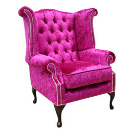 Chesterfield High Back Wing Chair Shimmer Fuchsia Velvet Bespoke In Queen Anne Style
