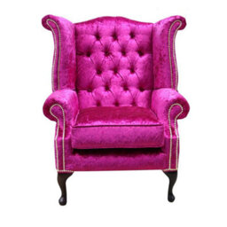 Chesterfield High Back Wing Chair Shimmer Fuchsia Velvet Bespoke In Queen Anne Style - thumbnail 2