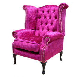 Chesterfield High Back Wing Chair Shimmer Fuchsia Velvet Bespoke In Queen Anne Style - thumbnail 3