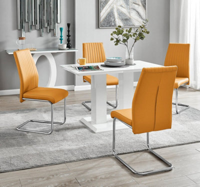 Furniturebox Uk 4 Seater Dining Set - Imperia White High Gloss Dining Table And Chairs - 4 Mustard Lorenzo Chrome Dining Chairs - image 1