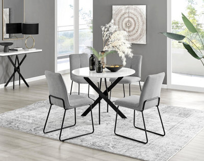 Furniturebox Uk Novara White Gloss Black Leg Round Dining Table & 4 Light Grey Halle Chairs - image 1
