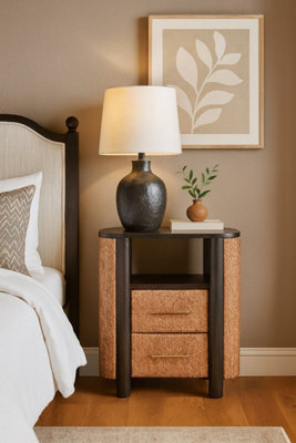 Artisan Furniture Solid Wood Rattan Curve Edge Nightstand, 2-Drawers, 1 Open Slot, Rattan And Black - image 1