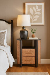 Artisan Furniture Solid Wood Rattan Curve Edge Nightstand, 2-Drawers, 1 Open Slot, Rattan And Black