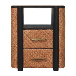 Artisan Furniture Solid Wood Rattan Curve Edge Nightstand, 2-Drawers, 1 Open Slot, Rattan And Black - thumbnail 2