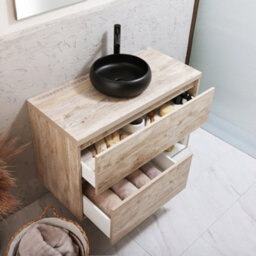 Homestylestore Light Oak 1000mm Led Lit Wall Hung Bathroom Vanity Unit With Round Countertop Basin And Graphite Basin - thumbnail 2