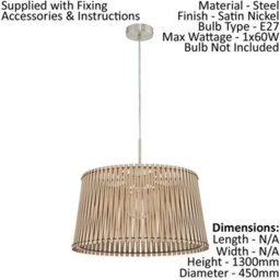 Satin Nickel Pendant Ceiling Light With Maple Wood Shade And E27 Bulb Socket - thumbnail 2