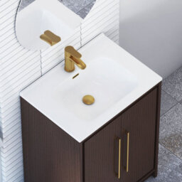 Royal Bathrooms Livora 600mm Walnut Woodgrain Floor Standing Vanity Unit 2 Door With Ceramic Basin & Brushed Brass Handle - thumbnail 5