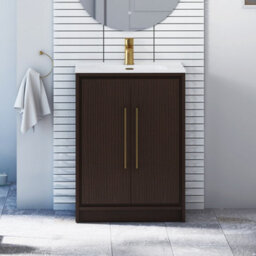 Royal Bathrooms Livora 600mm Walnut Woodgrain Floor Standing Vanity Unit 2 Door With Ceramic Basin & Brushed Brass Handle