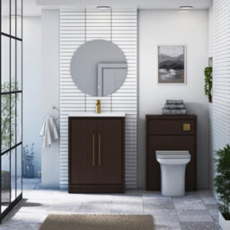 Royal Bathrooms Livora 600mm Walnut Woodgrain Floor Standing Vanity Unit 2 Door With Ceramic Basin & Brushed Brass Handle - thumbnail 3