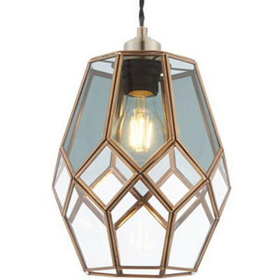 Hanging Ceiling Pendant Light Shade Brass & Clear Smoked Glass Geometric Cage - image 1