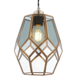 Hanging Ceiling Pendant Light Shade Brass & Clear Smoked Glass Geometric Cage - thumbnail 1