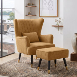 Chenille Fabric Gold Accent Chair With Footstool Camila - Wingback Armchair, Doorstep Delivery
