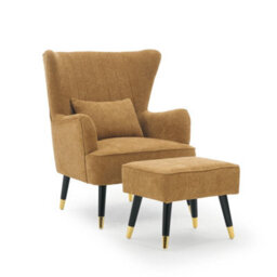 Chenille Fabric Gold Accent Chair With Footstool Camila - Wingback Armchair, Doorstep Delivery - thumbnail 3