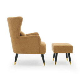 Chenille Fabric Gold Accent Chair With Footstool Camila - Wingback Armchair, Doorstep Delivery - thumbnail 5