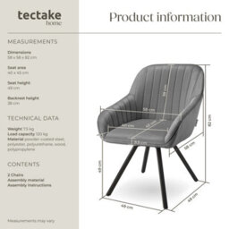 Tectake Set Of 2 Lounge Armchair Living Room Accent Chair 360 Swivel Slim Steel Legs Velvet Fabric   - Grey - thumbnail 6