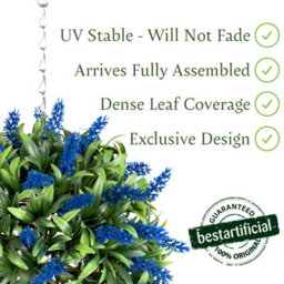 Best Artificial 24Cm Blue Lush Lavender Hanging Basket Flower Topiary Ball - Suitable For Outdoor Use - Weather & Fade Resistant - thumbnail 2