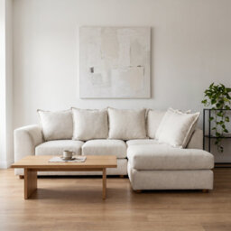 Abakus Direct Dexter Relaxed Linen Corner Sofa In Cream Right Facing With Plush Chaise Extension