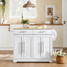 Sobuy Fkw129-Nw, Kitchen Island On Wheels Rolling  Storage Trolley With Extendable Rubber Wood Worktop,w115Xd68.7Xh91 - thumbnail 2