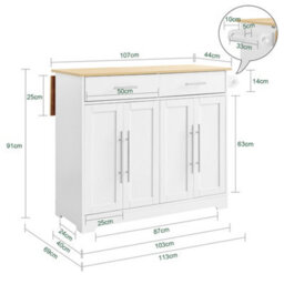 Sobuy Fkw129-Nw, Kitchen Island On Wheels Rolling  Storage Trolley With Extendable Rubber Wood Worktop,w115Xd68.7Xh91 - thumbnail 3