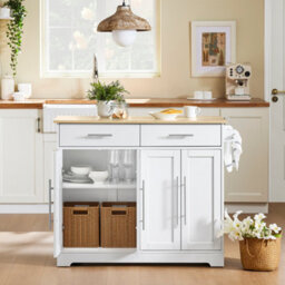 Sobuy Fkw129-Nw, Kitchen Island On Wheels Rolling  Storage Trolley With Extendable Rubber Wood Worktop,w115Xd68.7Xh91 - thumbnail 4