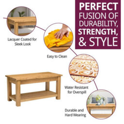 Coffee Table, Large Solid Oak Rectangular Centre Table, Wooden Tv Stand, 1 Shelf - thumbnail 5