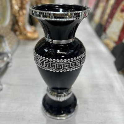 Deenz Black Zig Zag Ceramic Mosaic Vase White Crystal Decorative Mirror Flower Luxury Home Décor 40 Cm