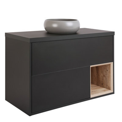Homestylestore Black Grey 1000mm Led Lit Wall Hung Bathroom Vanity Unit With Round Pebble Countertop Basin - image 1