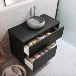 Homestylestore Black Grey 1000mm Led Lit Wall Hung Bathroom Vanity Unit With Round Pebble Countertop Basin - thumbnail 2