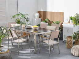 Beliani Garden Dining Set 6 Seater Grosseto Tempered Glass Black/ Beige - thumbnail 2