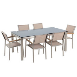 Beliani Garden Dining Set 6 Seater Grosseto Tempered Glass Black/ Beige - thumbnail 1