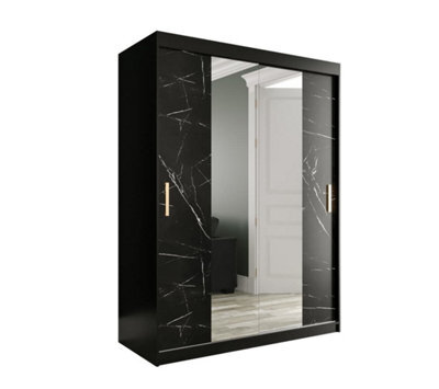 Arte Sleek Black Geneva T1 Mirrored Sliding Door Wardrobe W1500mm H2000mm D620mm - Space-Saving, Gold Handles, Efficient Storage - image 1