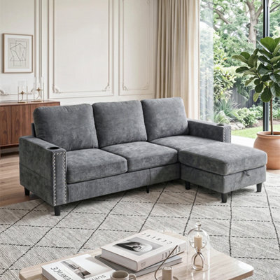 Living And Home Grey Chenille Upholstered L-Shaped 3-Seater Sectional Sofa With Footstool - image 1