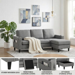Living And Home Grey Chenille Upholstered L-Shaped 3-Seater Sectional Sofa With Footstool - thumbnail 3