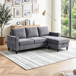 Living And Home Grey Chenille Upholstered L-Shaped 3-Seater Sectional Sofa With Footstool - thumbnail 2