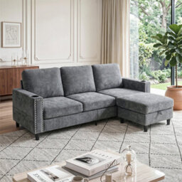 Living And Home Grey Chenille Upholstered L-Shaped 3-Seater Sectional Sofa With Footstool - thumbnail 1