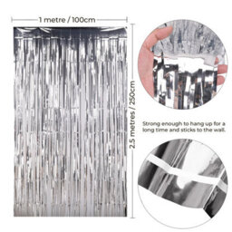 Neel Blue Christmas Tinsel Foil Fringe Curtain Backdrop Background, 1 X 2.5M, Silver - thumbnail 2