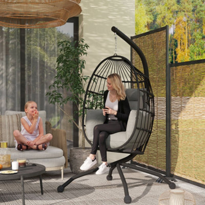 Outsunny Egg Chair Outdoor Indoor Garden Swing Chair, Folding Basket, Grey - image 1