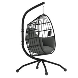 Outsunny Egg Chair Outdoor Indoor Garden Swing Chair, Folding Basket, Grey - thumbnail 2
