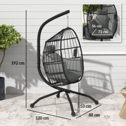 Outsunny Egg Chair Outdoor Indoor Garden Swing Chair, Folding Basket, Grey - thumbnail 3