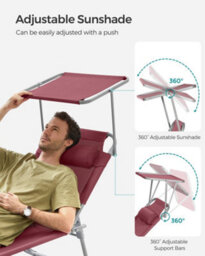 LEDREM Sun Lounger, Deck Chair Folding, 193 X 53 X 29 Cm, Max. Load 150 Kg, With Sunshade Headrest Adjustable Backrest, Red - thumbnail 5