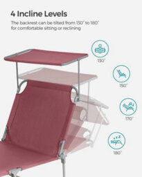 LEDREM Sun Lounger, Deck Chair Folding, 193 X 53 X 29 Cm, Max. Load 150 Kg, With Sunshade Headrest Adjustable Backrest, Red - thumbnail 4